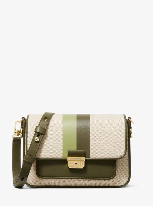 Damske Crossbody Kabelka Michael Kors Bradshaw Medium Striped Canvas and Faux Leather Olivovo Zelená - Kabelky Michael Kors Lacne | QWJXC-5389